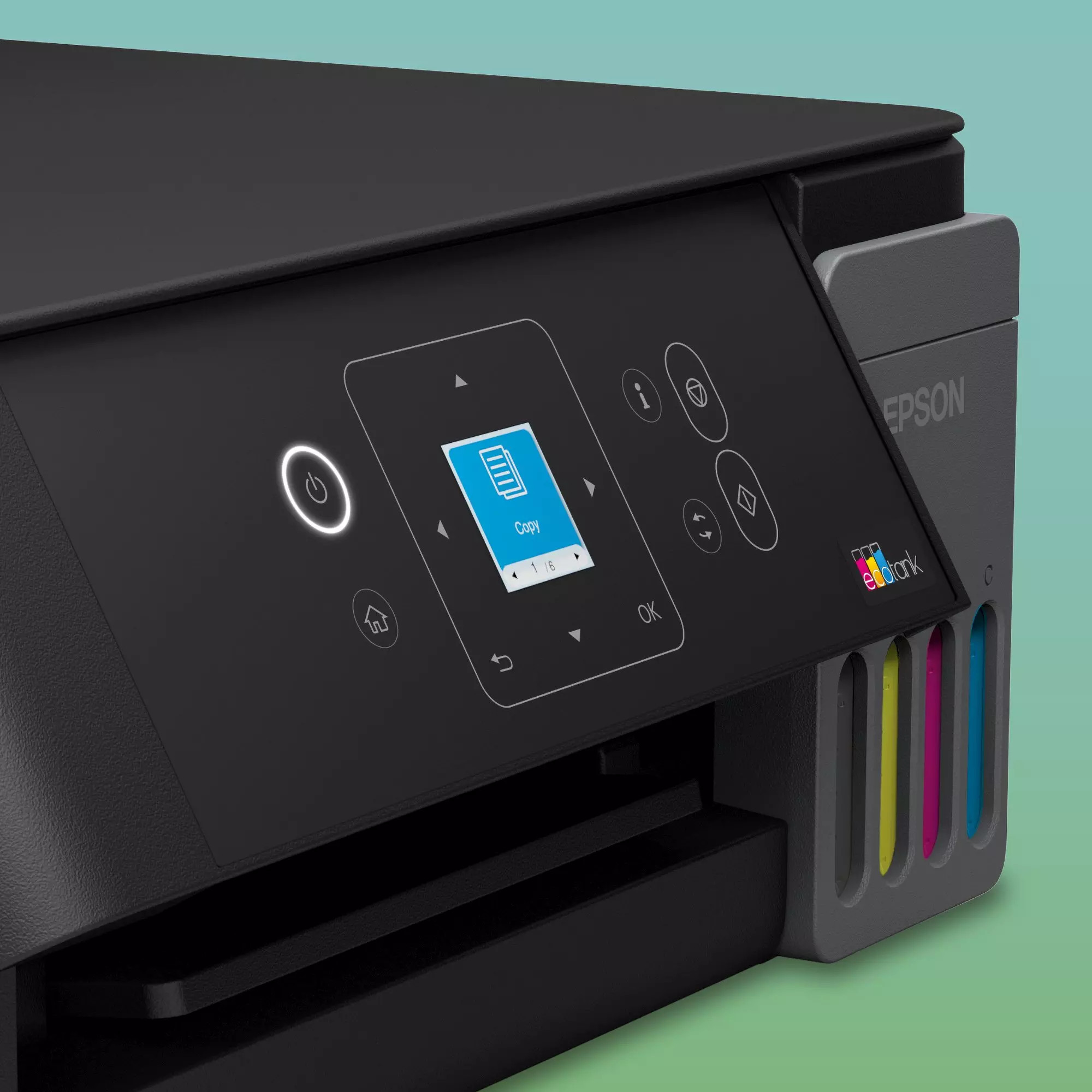 Zbliżenie panelu sterowania czarnej drukarki Epson EcoTank z podświetlanym przyciskiem zasilania i kolorowym ekranem.