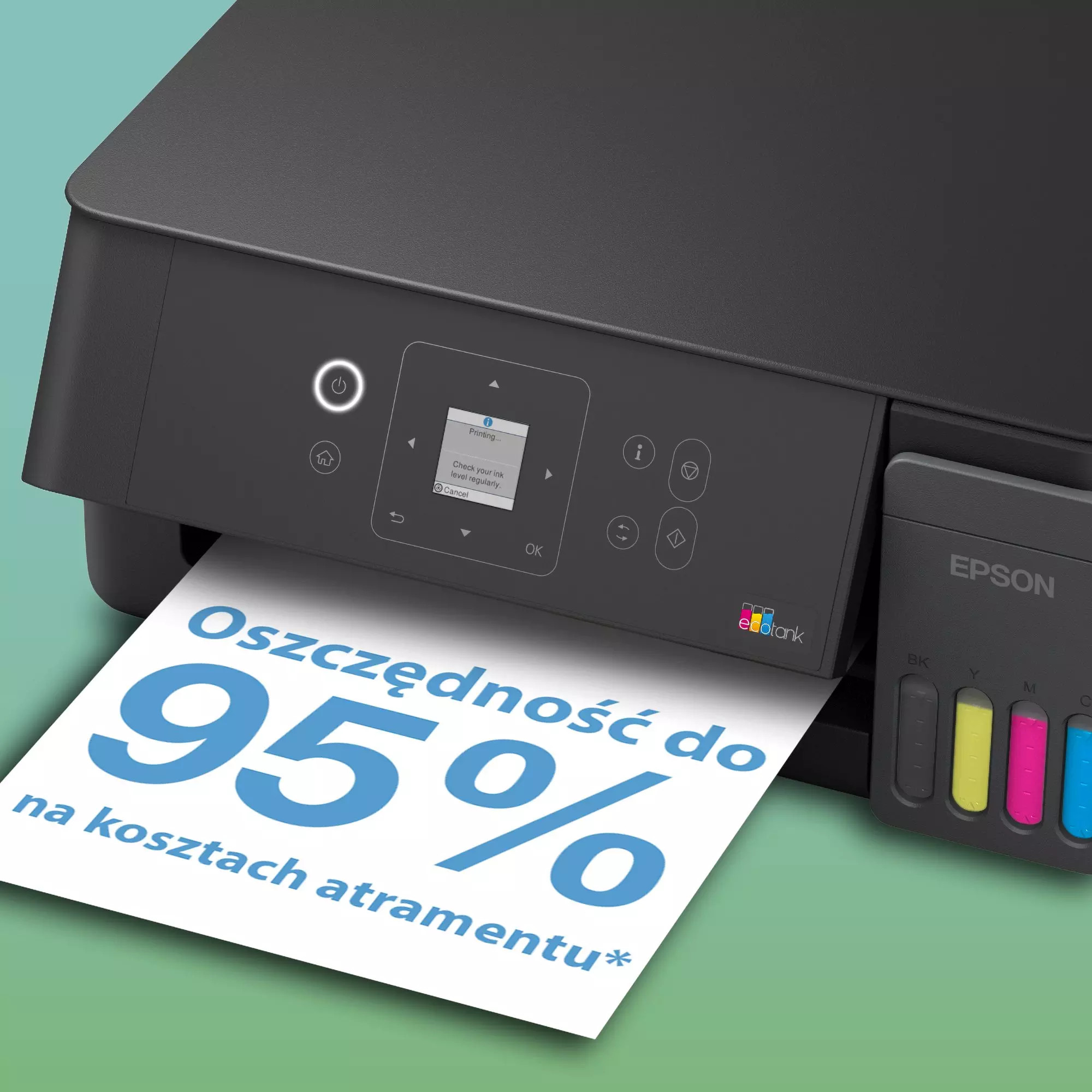 Drukarka Epson EcoTank drukuje kartkę z napisem Oszczędność do 95% na kosztach atramentu