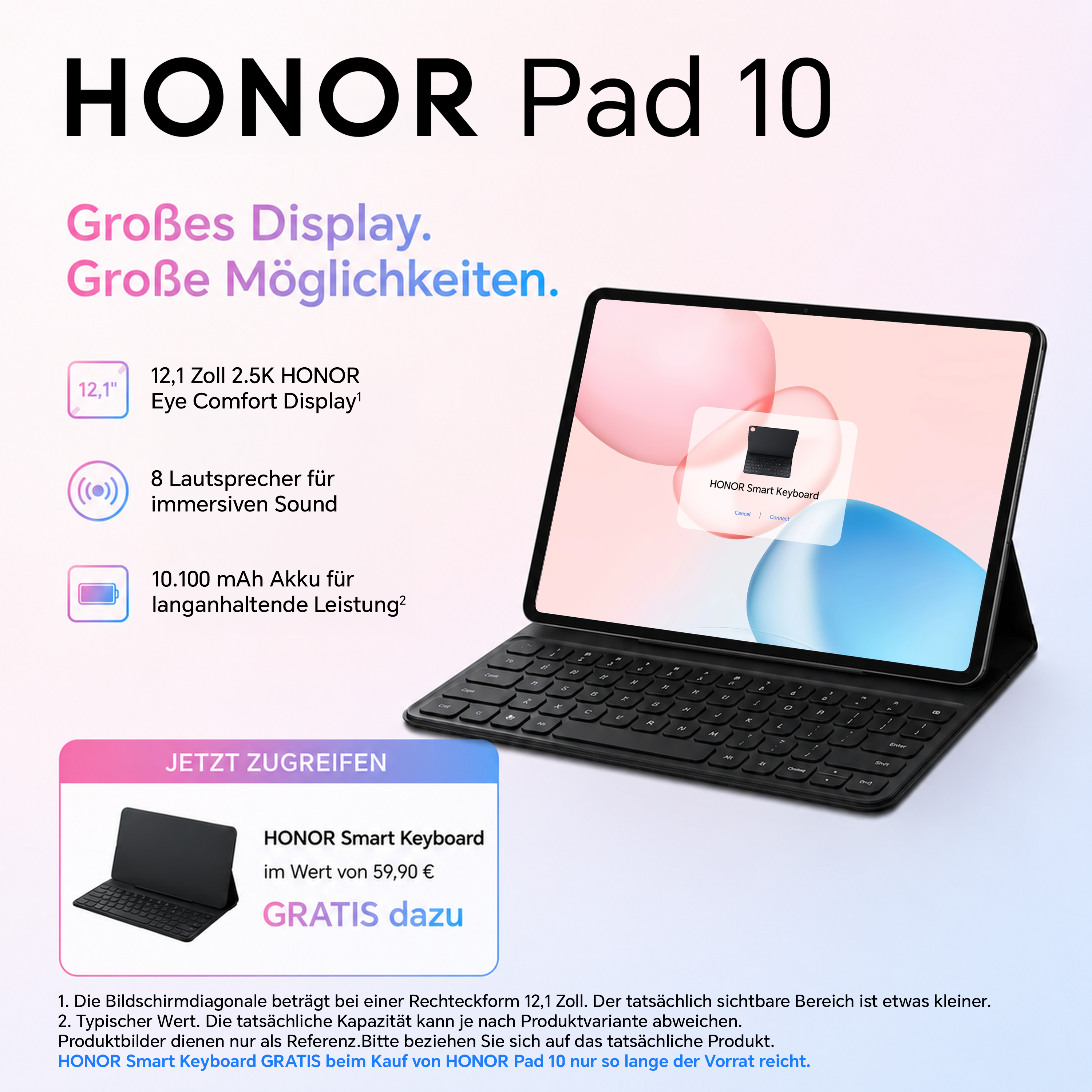 Das HONOR Pad 10 mit 12,1-Zoll-Display, 8 Lautsprechern und 10.100-mAh-Akku.