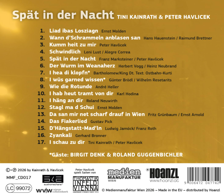 Albumcover mit Songliste für 'Spät in der Nacht' von Tini Kainrath & Peter Havlicek.