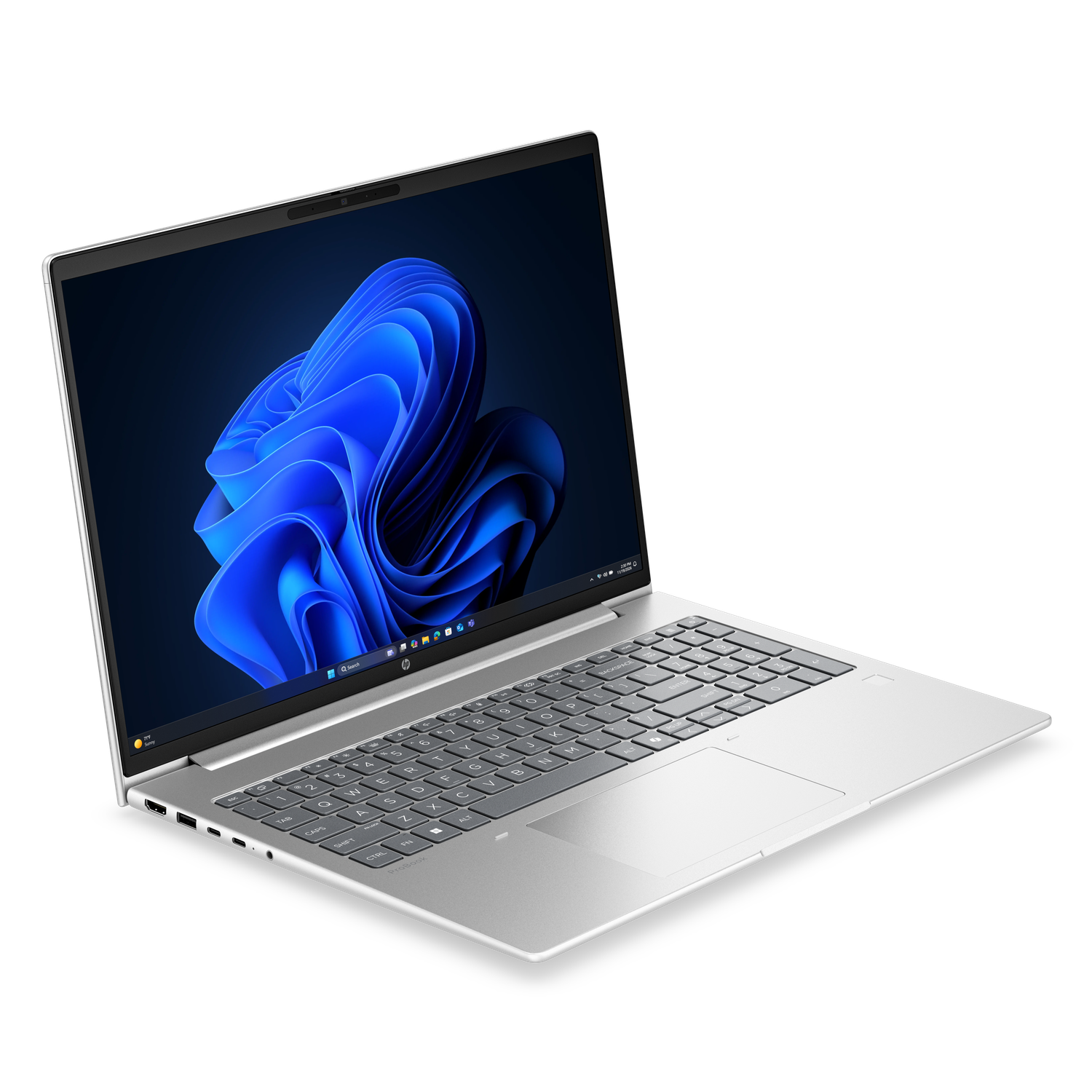 Een zilveren laptop met een blauw behang op het scherm.