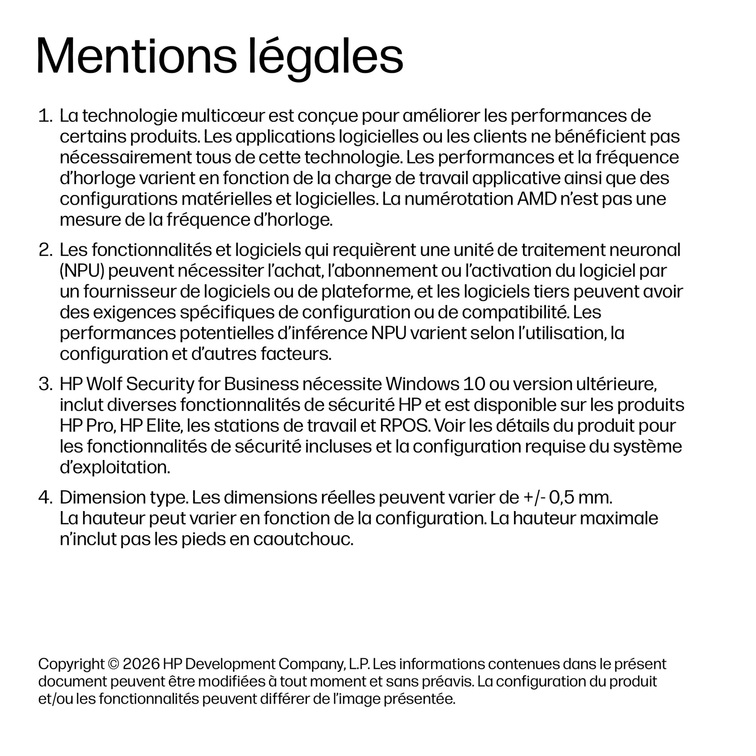 Texte sur les mentions légales, la technologie multicœur, le NPU, la sécurité HP Wolf et les dimensions.