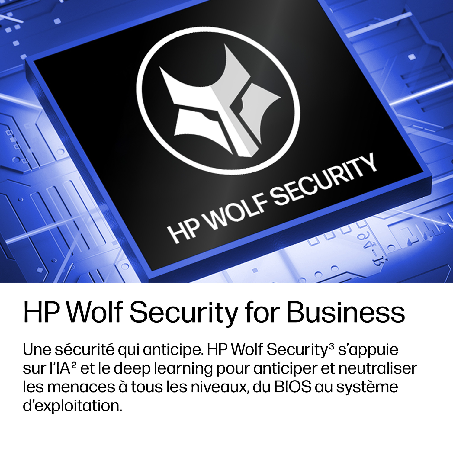 Puce HP Wolf Security avec logo de loup sur fond bleu.