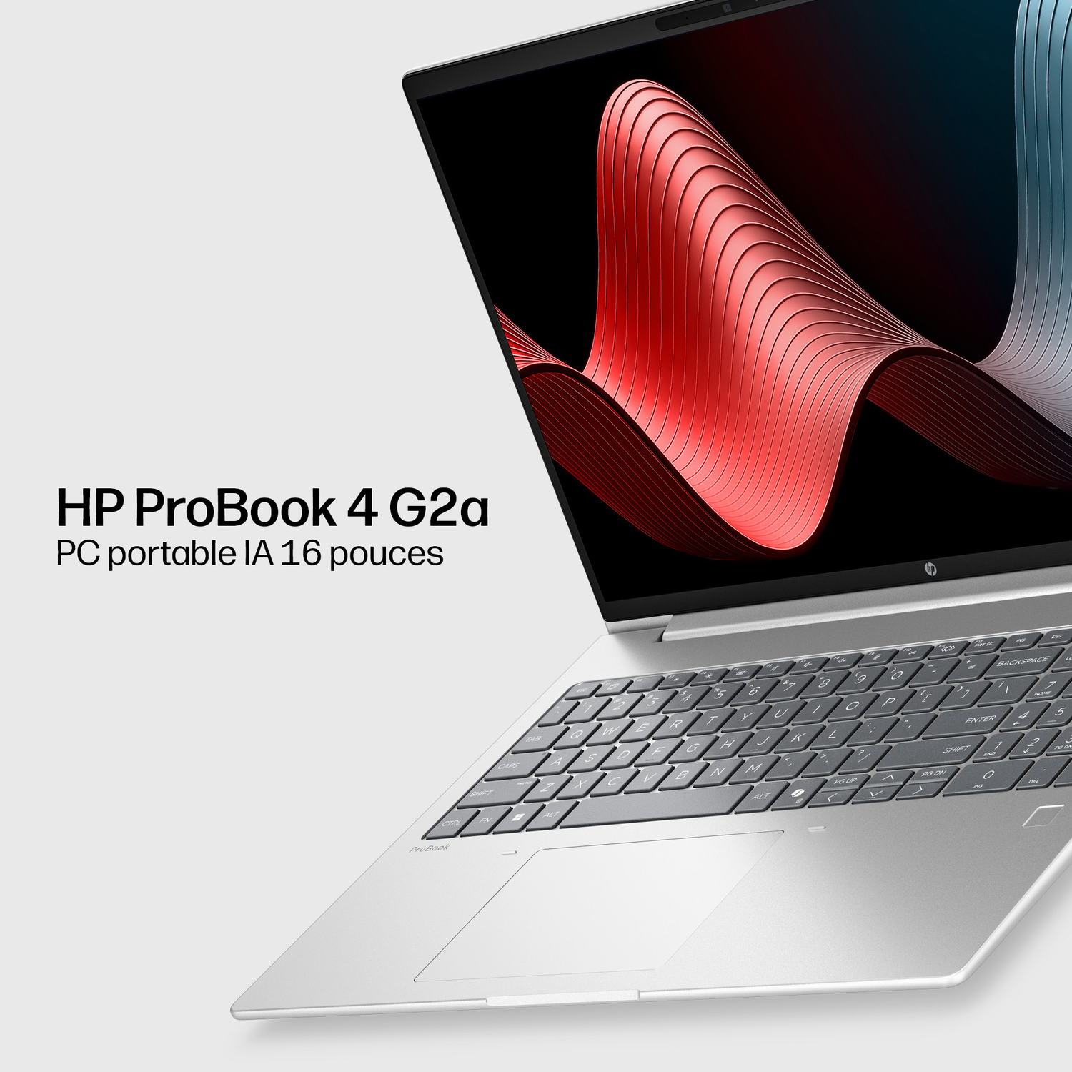 Ordinateur portable HP ProBook argenté avec design vague rouge et bleu à l'écran.