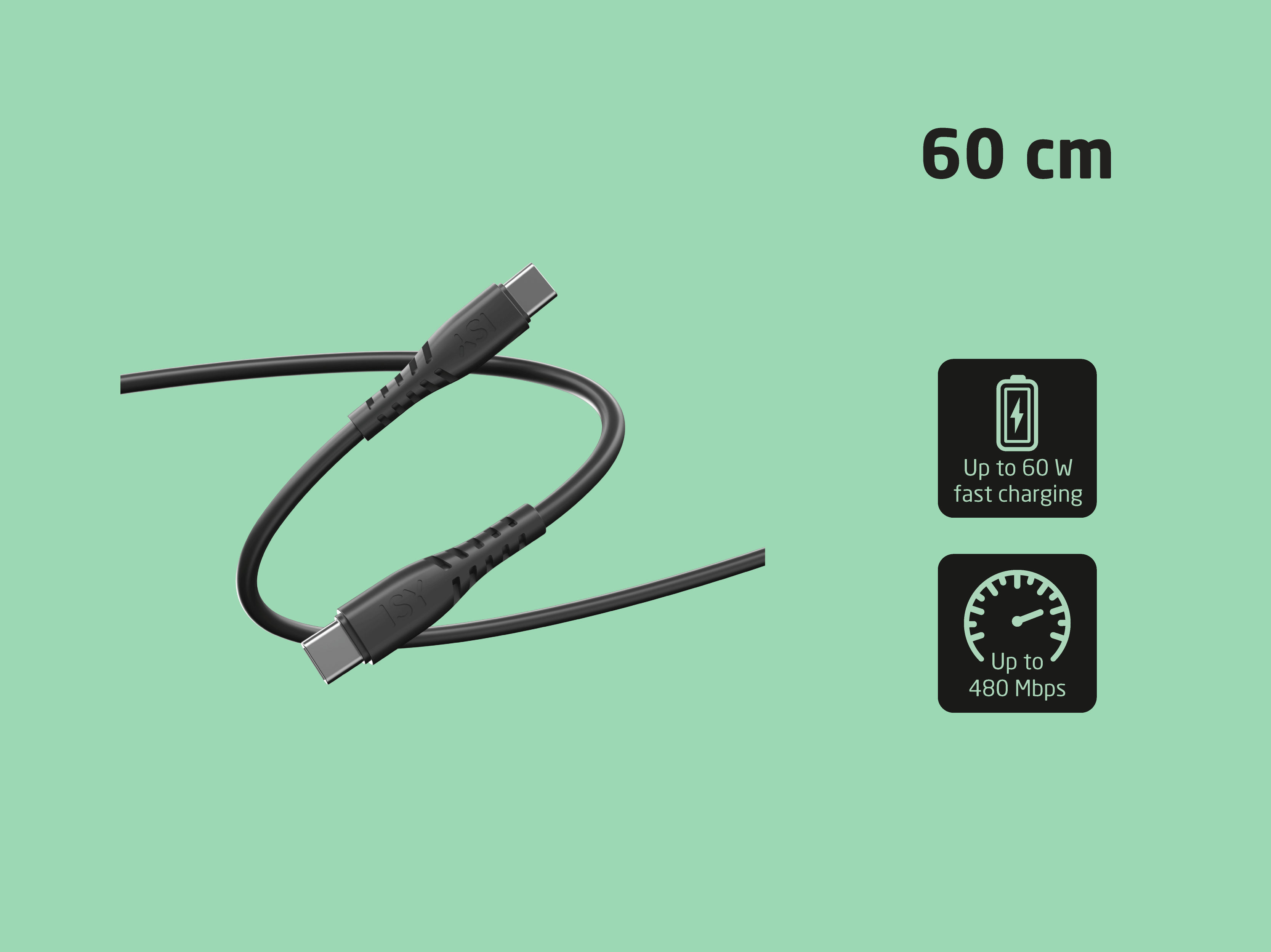 Kabel USB-C 60 cm z szybkim ładowaniem do 60W i prędkością 480 Mbps.