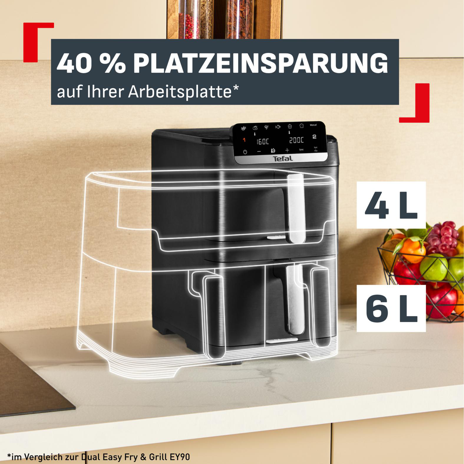 Eine schwarze Tefal Heißluftfritteuse mit Digitalanzeige, daneben Kapazitätsanzeigen 4L und 6L.