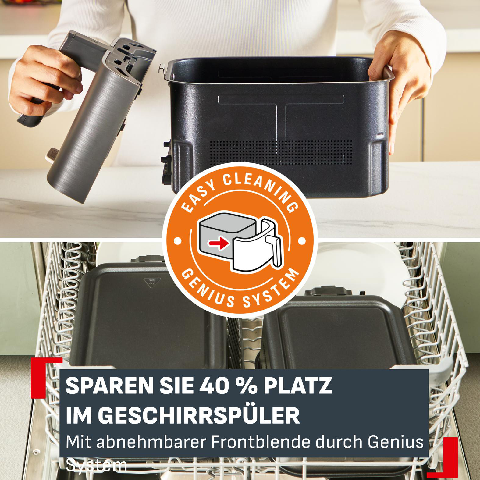 Ein Mann hält ein graues Gerät über eine schwarze Schüssel. Unten sind zwei schwarze Pfannen im Geschirrspüler.