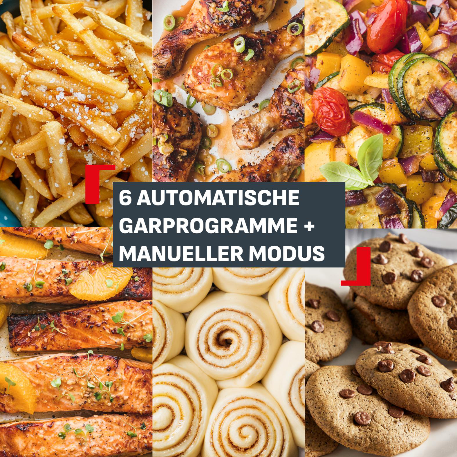 Collage mit Gerichten: Pommes, Hähnchen, Gemüse, Lachs, Zimtschnecken, Keksen.