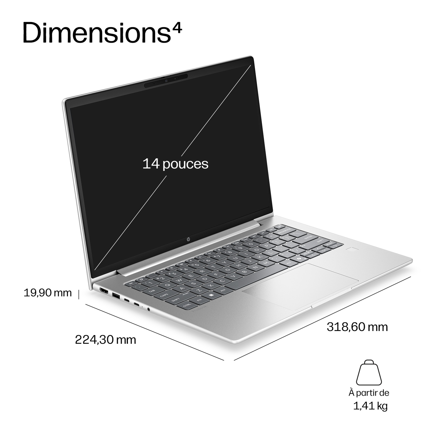 Un ordinateur portable argenté de 14 pouces, dimensions 318,60x224,30x19,90 mm, poids 1,41 kg.