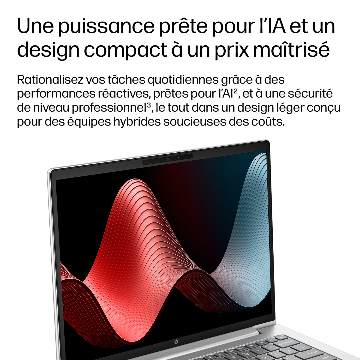Un ordinateur portable avec puissance IA et design compact sur fond noir.