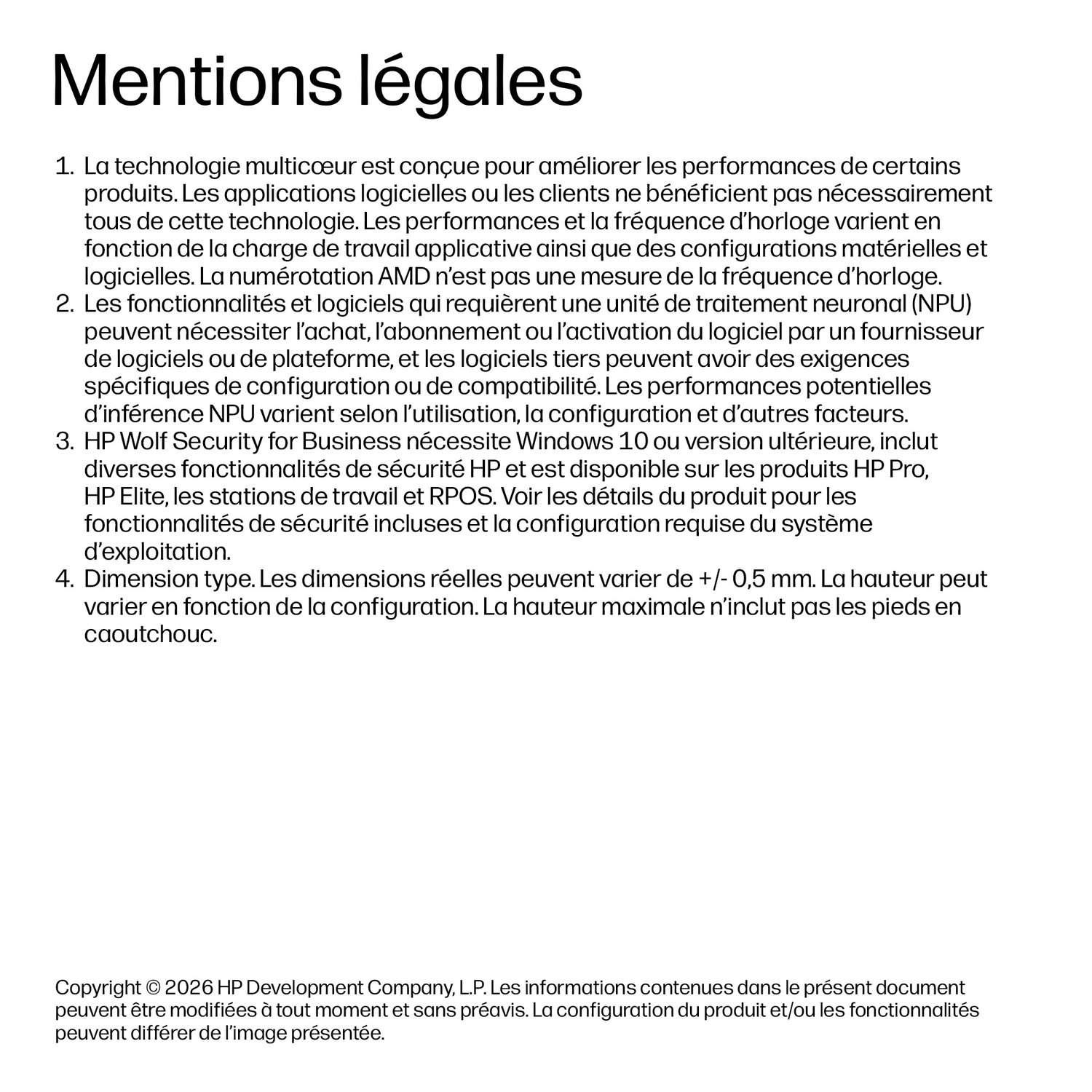 Mentions légales : texte sur la technologie multicœur, NPU, HP Wolf Security et dimensions.
