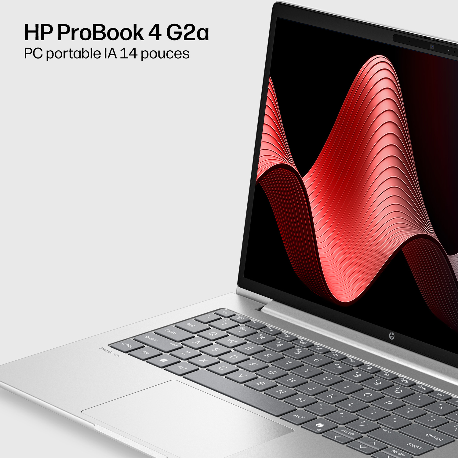 Un ordinateur portable HP ProBook argenté avec un design abstrait rouge sur l'écran.