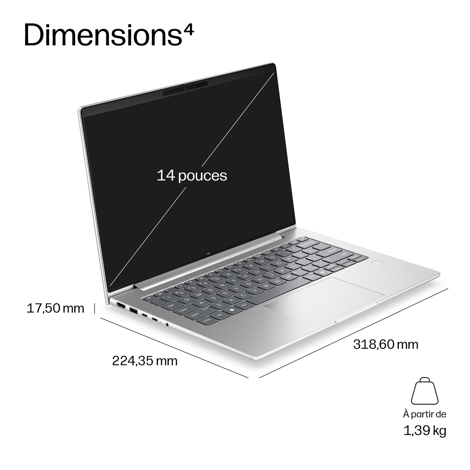 Ordinateur portable argenté avec écran 14 pouces, dimensions et poids.