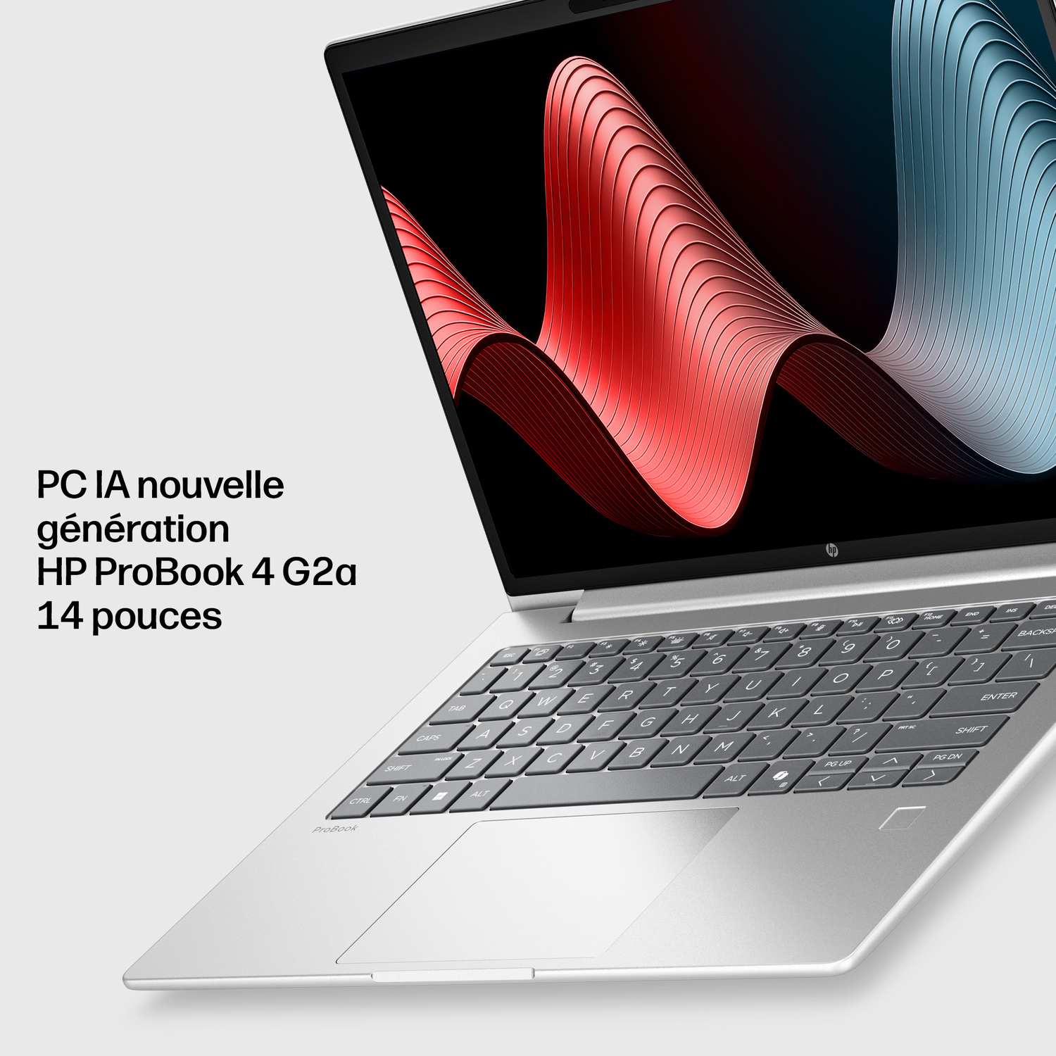 Un ordinateur portable HP ProBook argenté avec clavier et pavé tactile. L'écran affiche une vague abstraite rouge et bleue.
