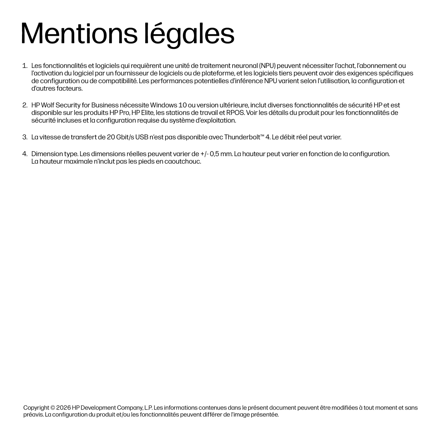 Mentions légales avec 4 points listés et informations de copyright.