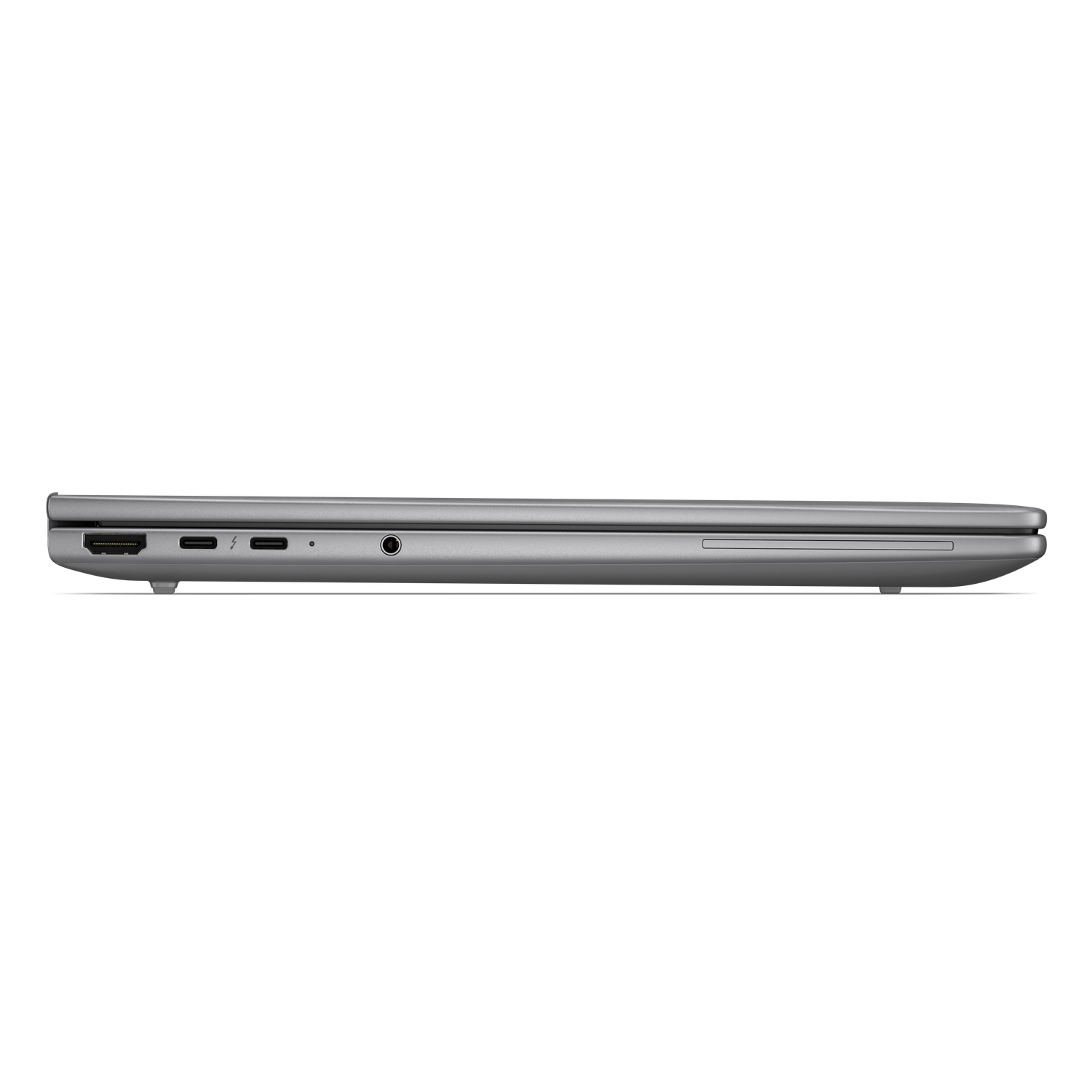 Zijaanzicht van een gesloten laptop met poorten.