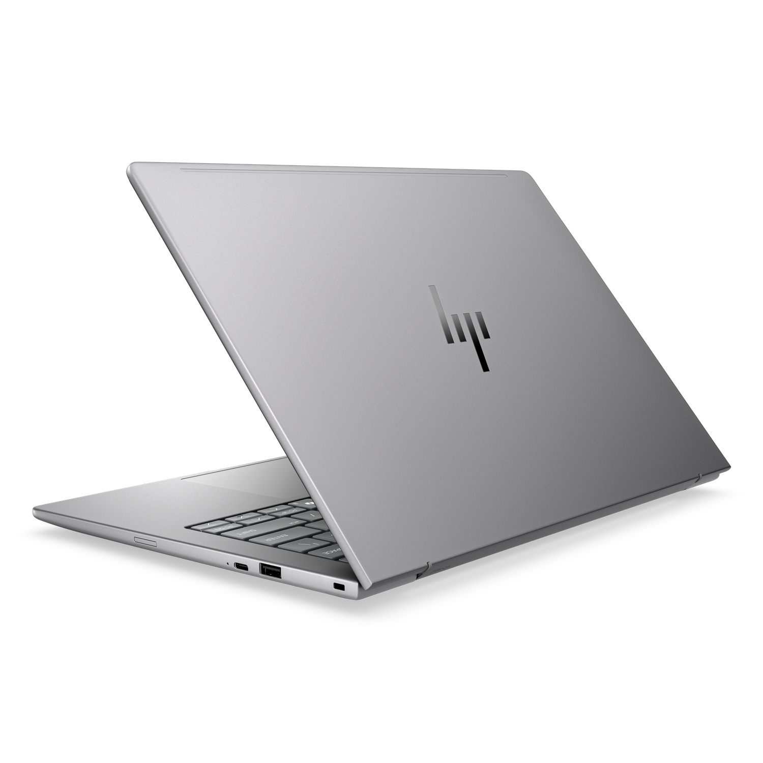 Een gesloten zilveren laptop met het HP-logo op de deksel, tegen een witte achtergrond.