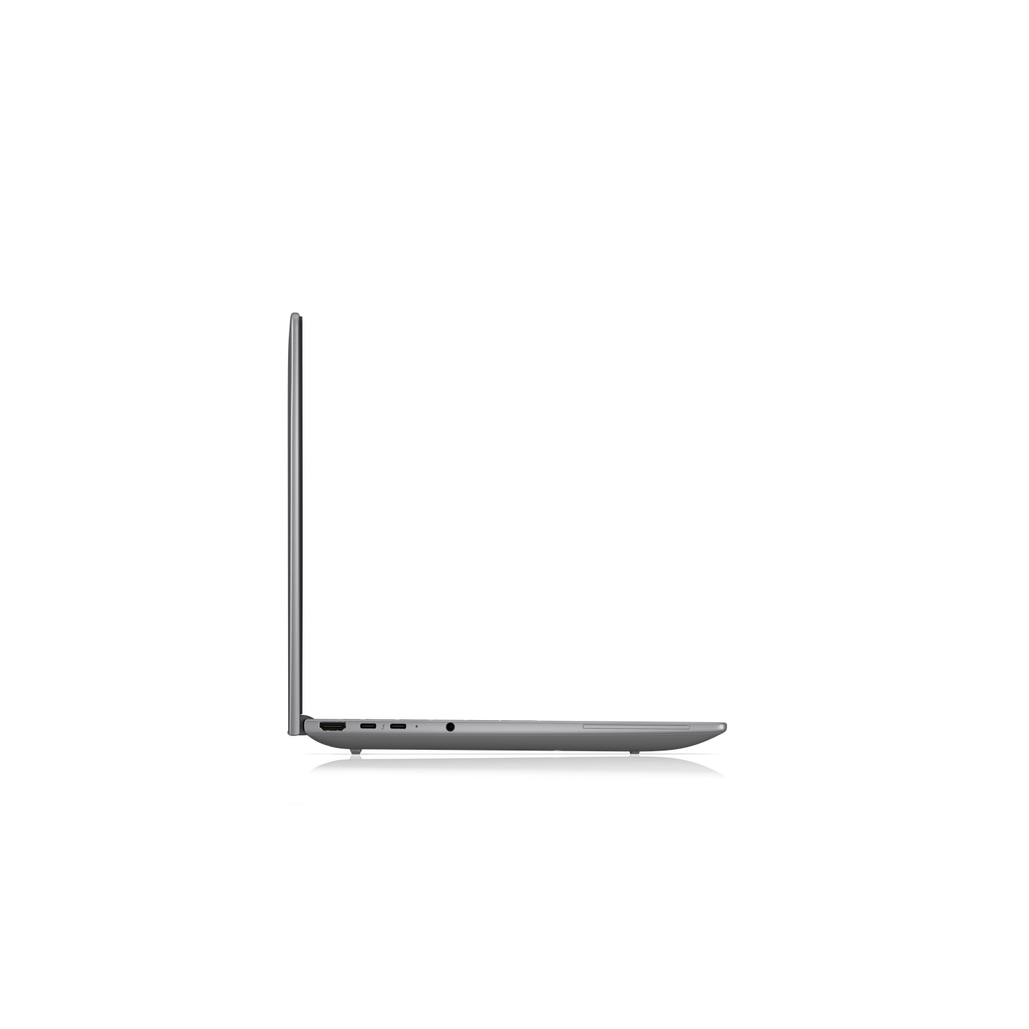 Zilveren laptop in profiel, met poorten zichtbaar aan de zijkant.