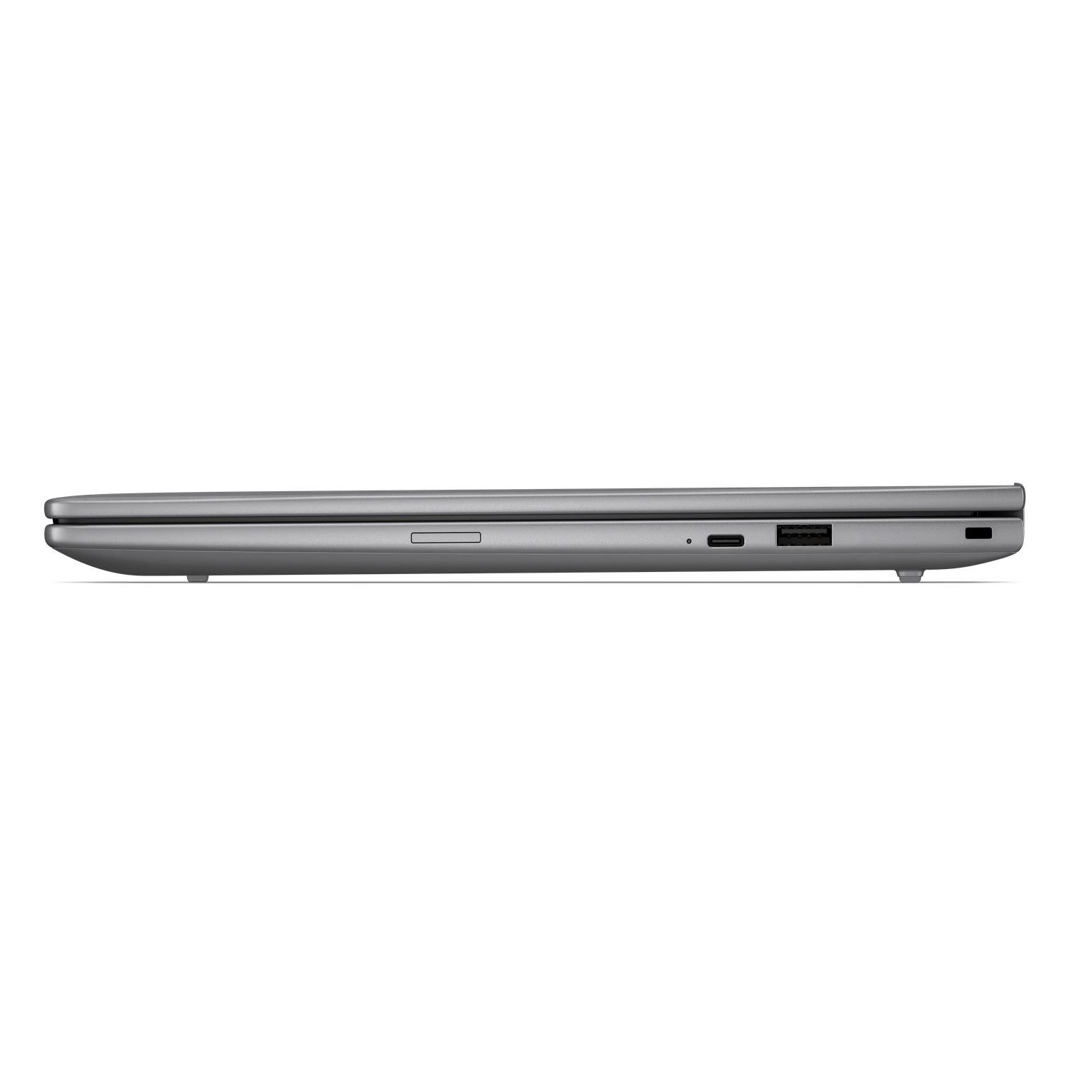 Zilveren laptop zijaanzicht met USB-C en USB-A poorten.
