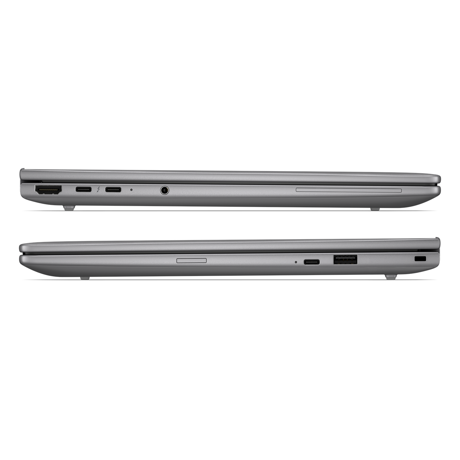 Slanke grijze laptop zijaanzicht met poorten zoals HDMI en USB-C.