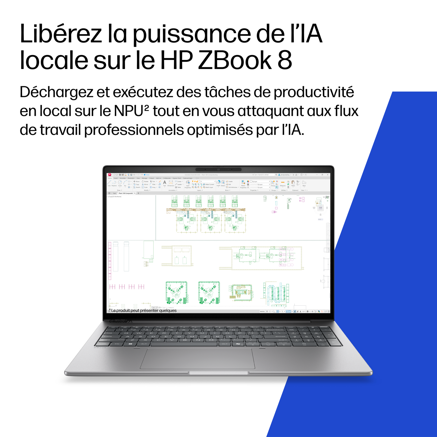 Un ordinateur portable affiche un schéma technique à l'écran. Texte : Libérez la puissance de l'IA locale sur le HP ZBook 8.