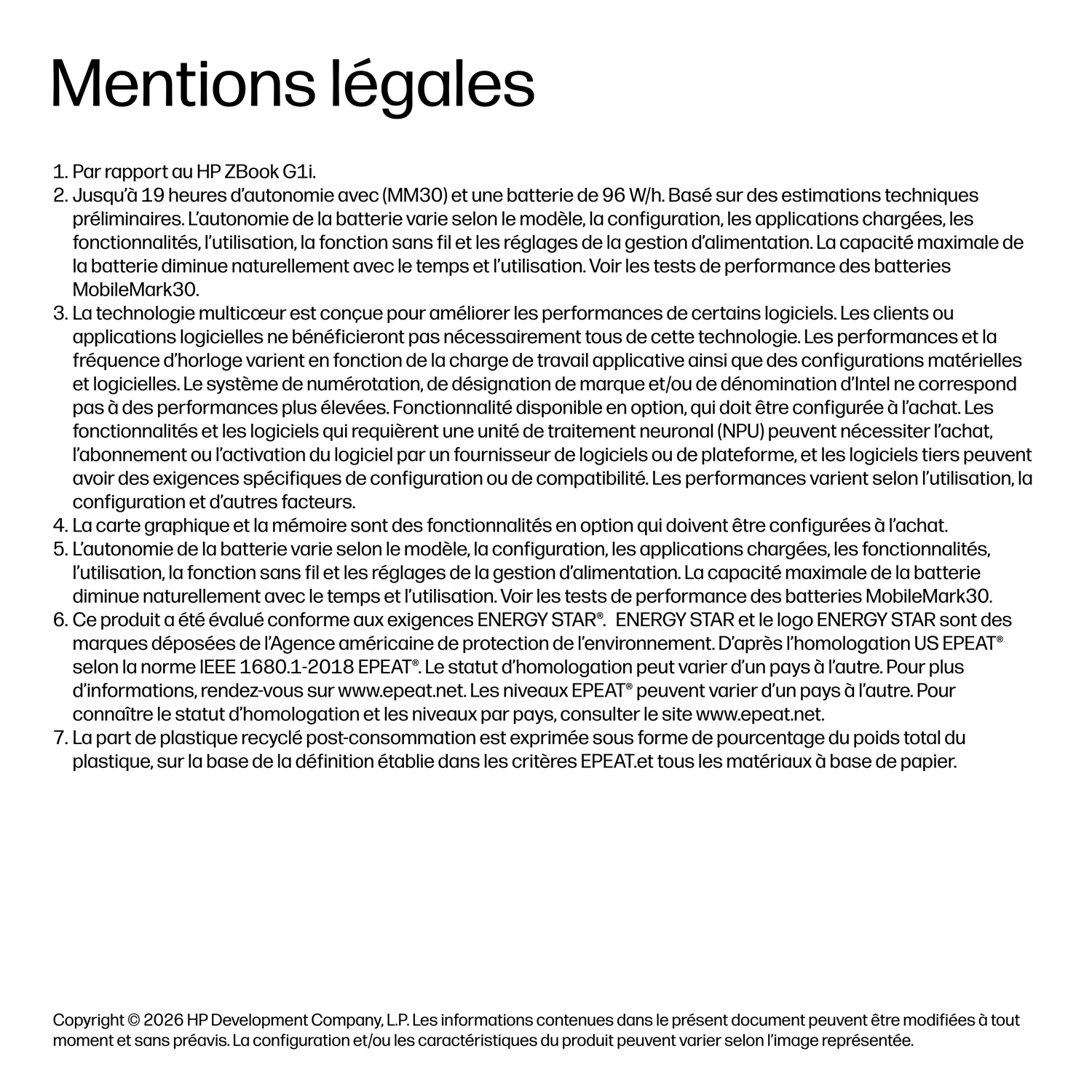 Mentions légales avec spécifications produit et informations copyright.
