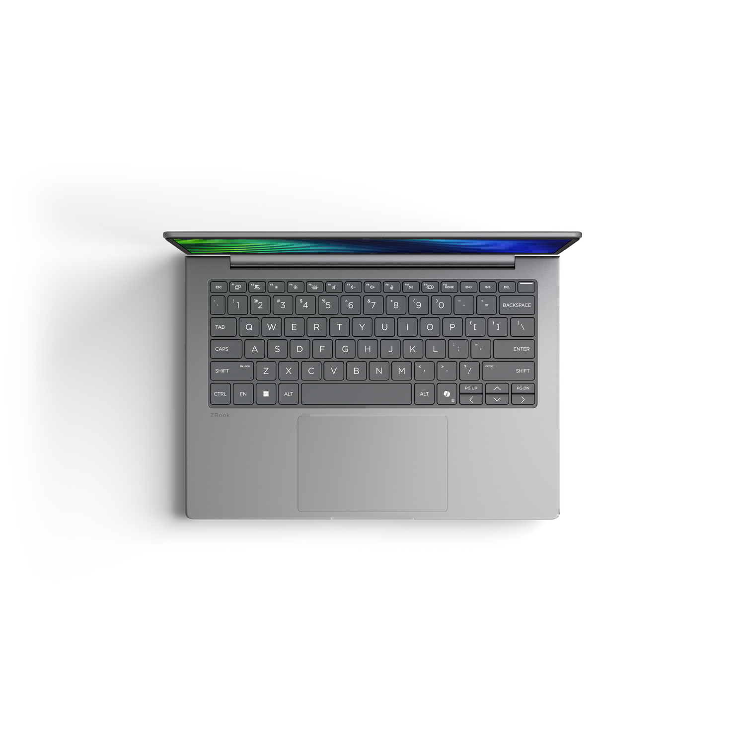 Een grijze laptop met open scherm, met een blauwe en groene lichtreflectie.