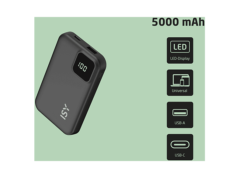 Powerbank - ISY IPP 5001, 5000 mAh, 1x USB-C, USB-A, Negro – imagen 3