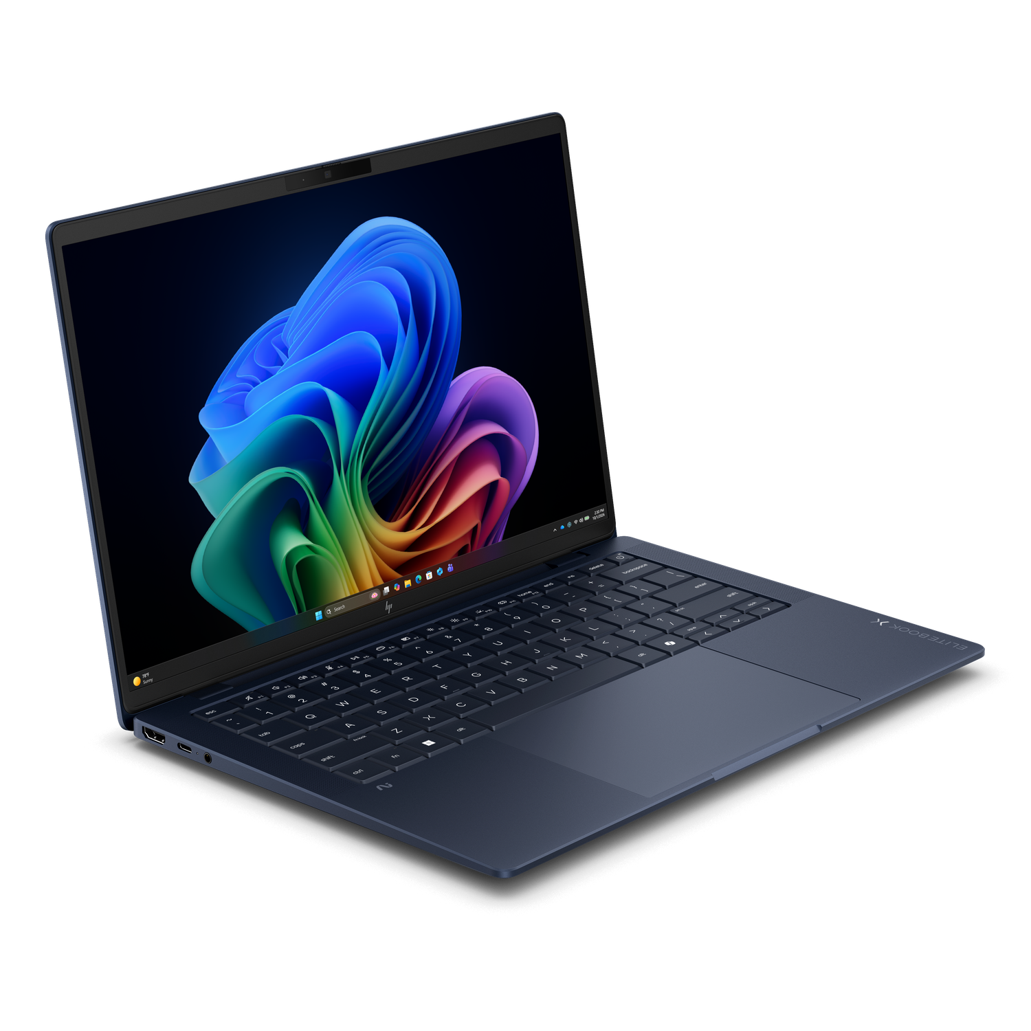 Een blauwe HP Elitebook laptop met een kleurrijke achtergrond op het scherm.
