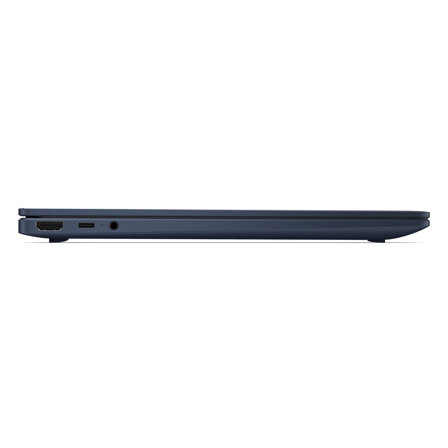 Donkerblauw laptop in profiel met poorten zoals HDMI en koptelefoonaansluiting.