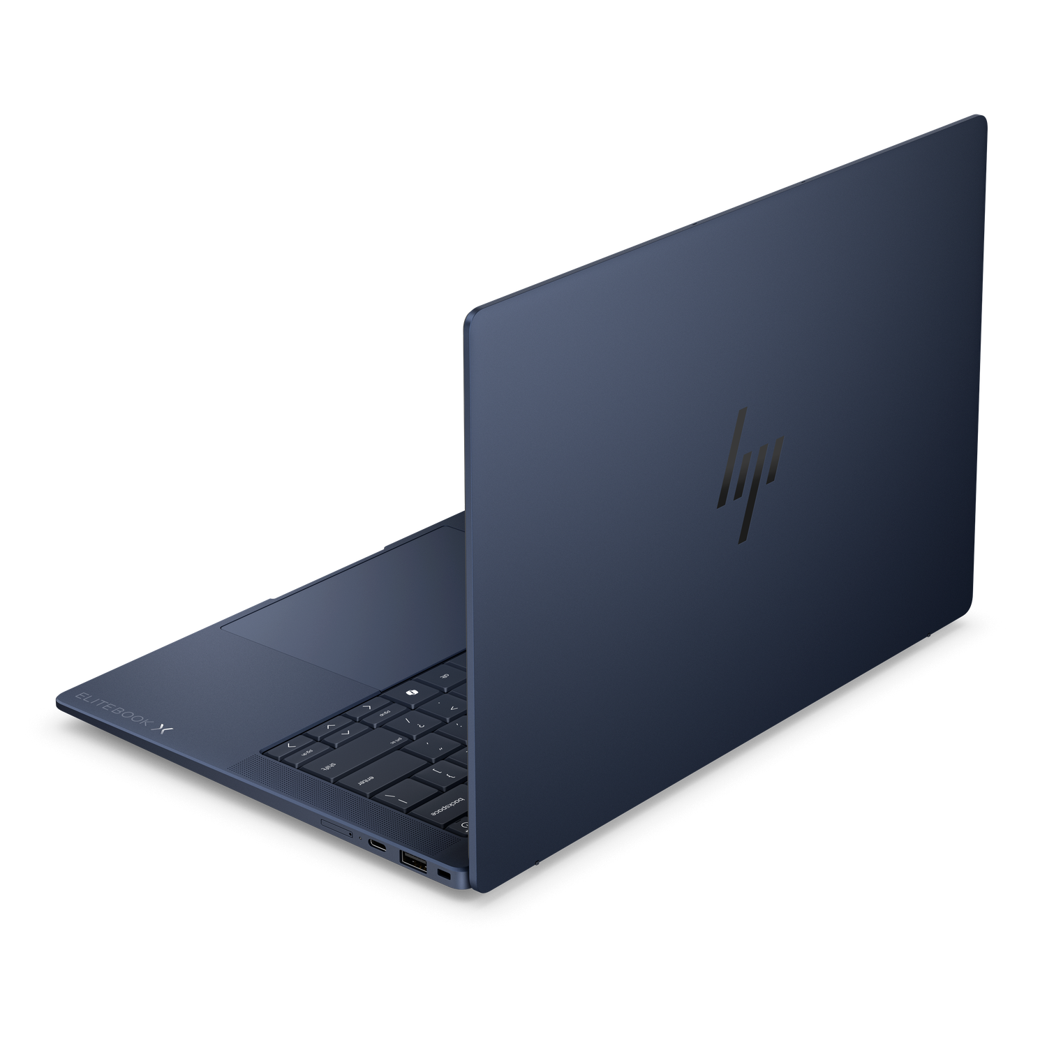 Een donkerblauwe HP Elitebook laptop met open deksel op witte achtergrond.