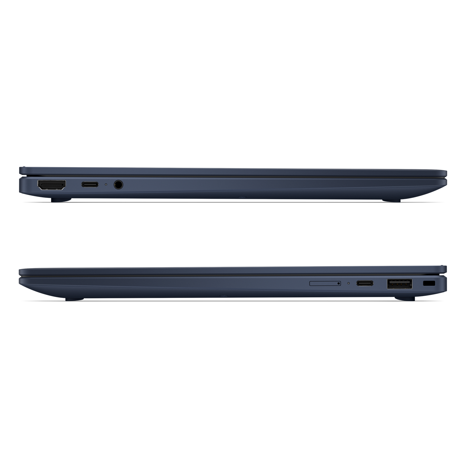 Boven: Gesloten donkerblauwe laptop met poorten links. Onder: Poorten rechts.