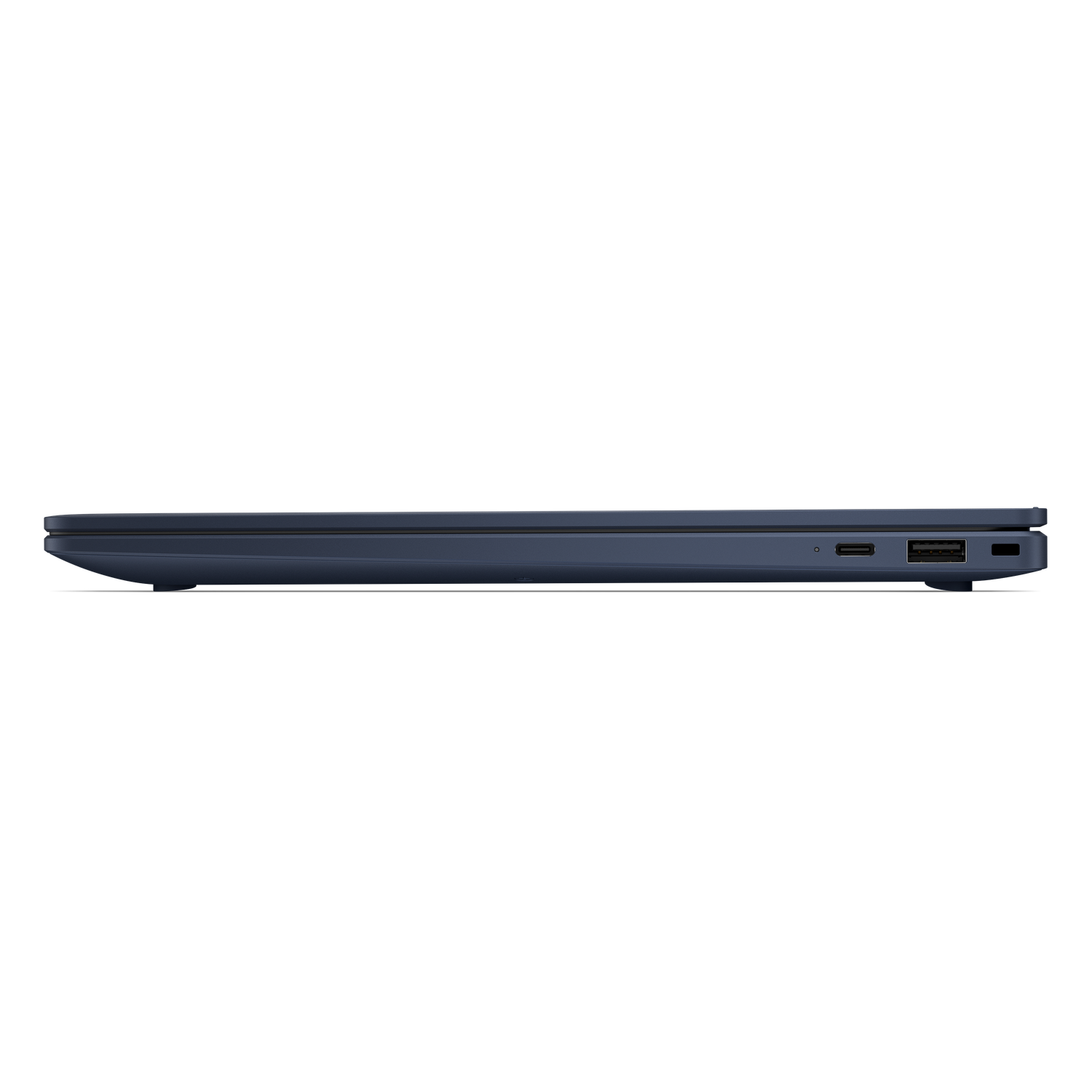Gesloten donkerblauw laptop profiel met poorten.