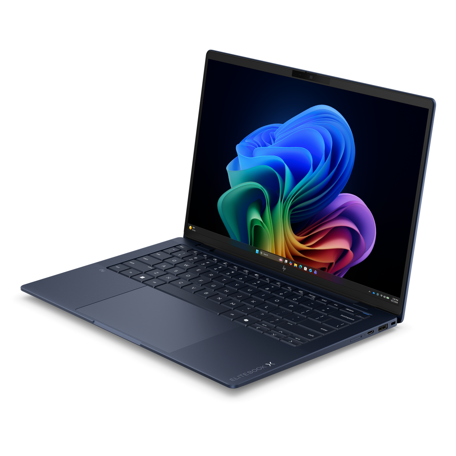 Een gesloten donkerblauwe laptop met een kleurrijke achtergrond op het scherm.