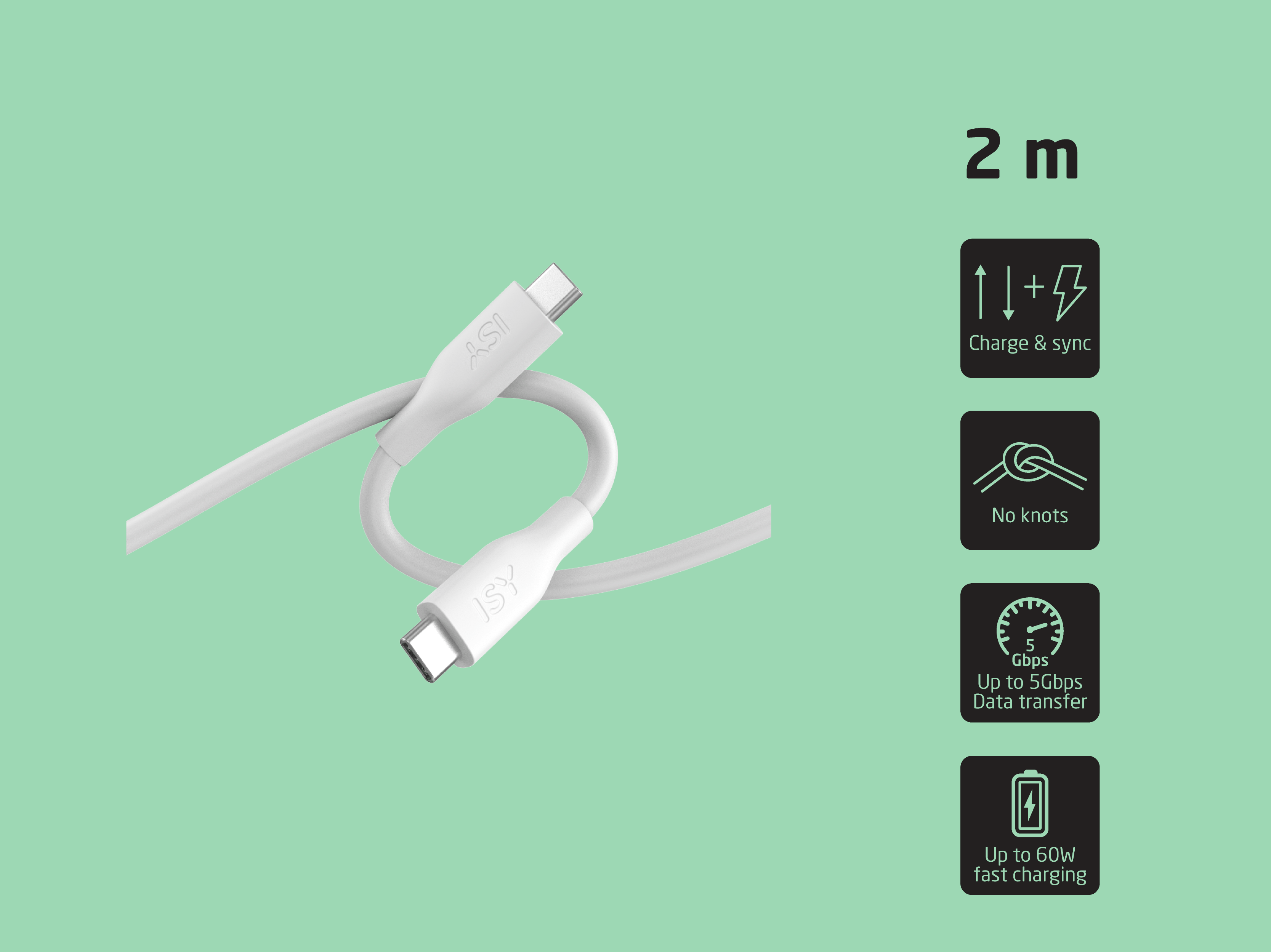 Ein weißes USB-C-Kabel mit 2m Länge, Lade-/Synchronisierungsfunktion.