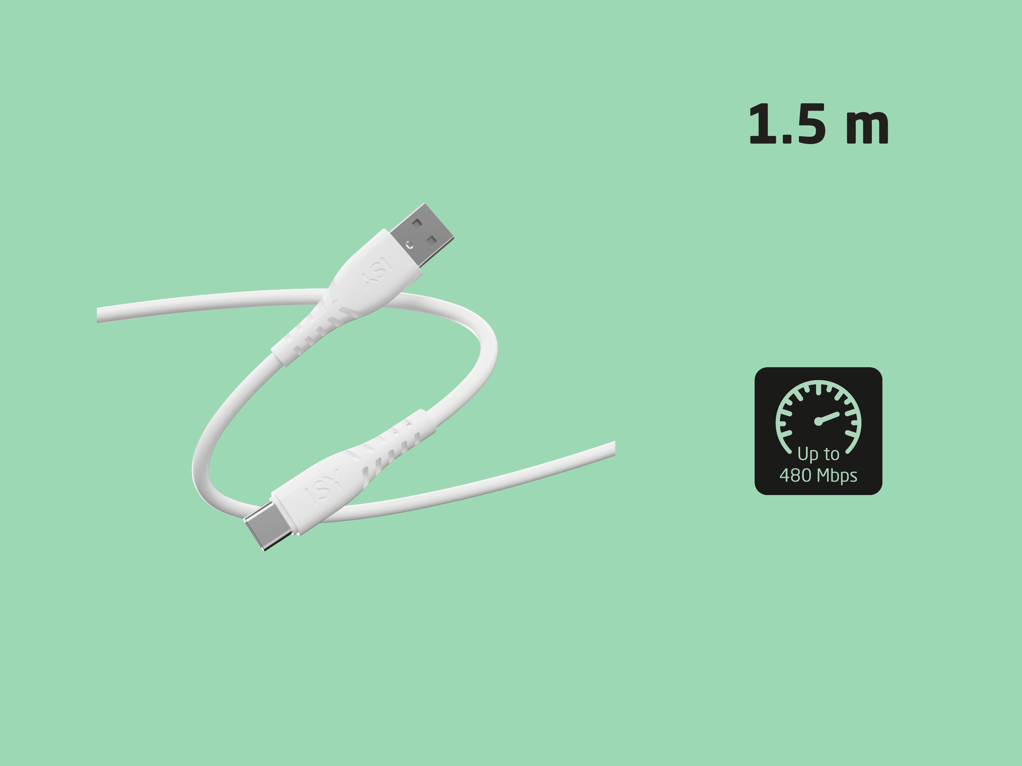 Weißes USB-C-Kabel mit 1,5 m Länge und Geschwindigkeitsanzeige.