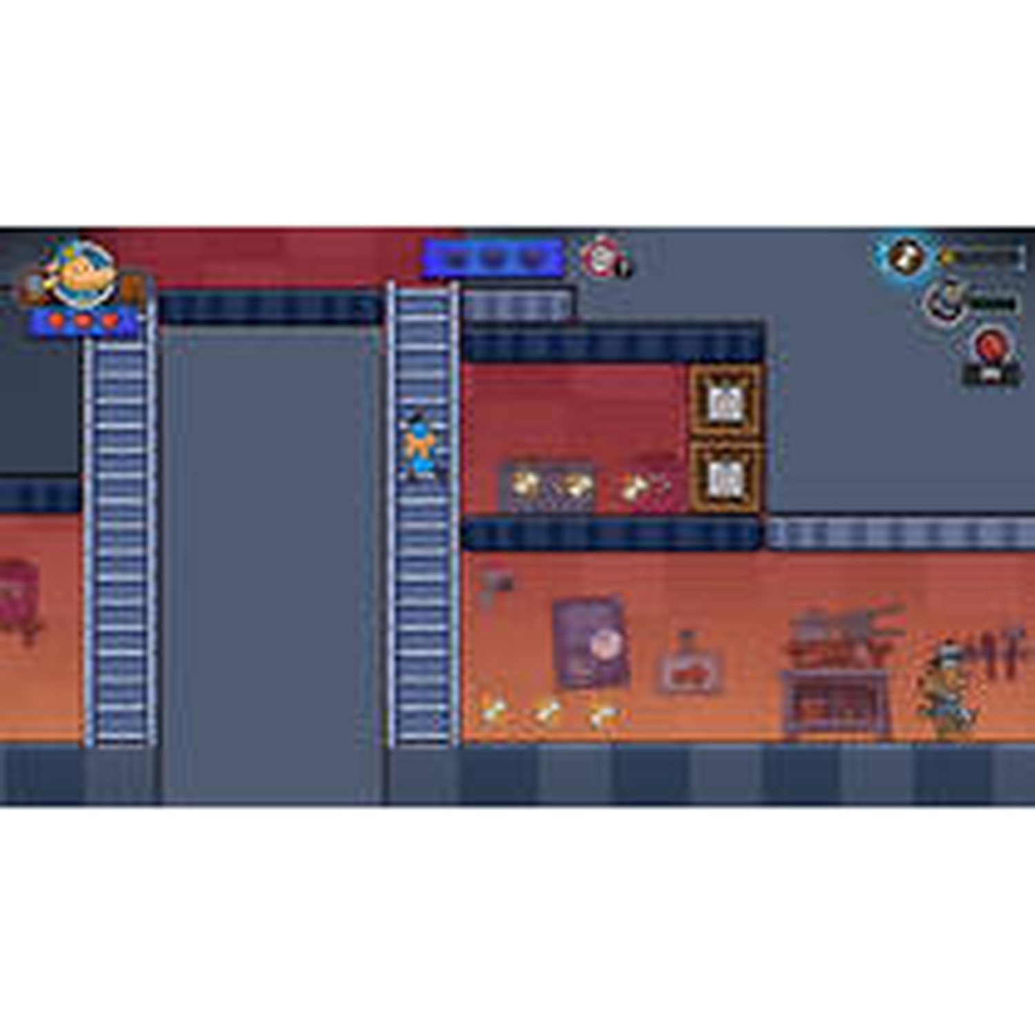 Een cartoonfiguur klimt op een ladder in een 2D-spel. Oranje muren.