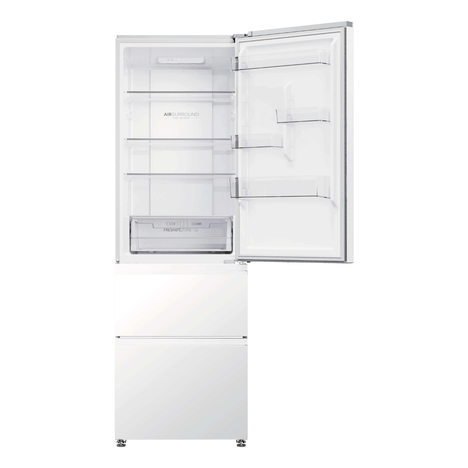 Un refrigerador blanco con la puerta abierta, mostrando un interior vacío.
