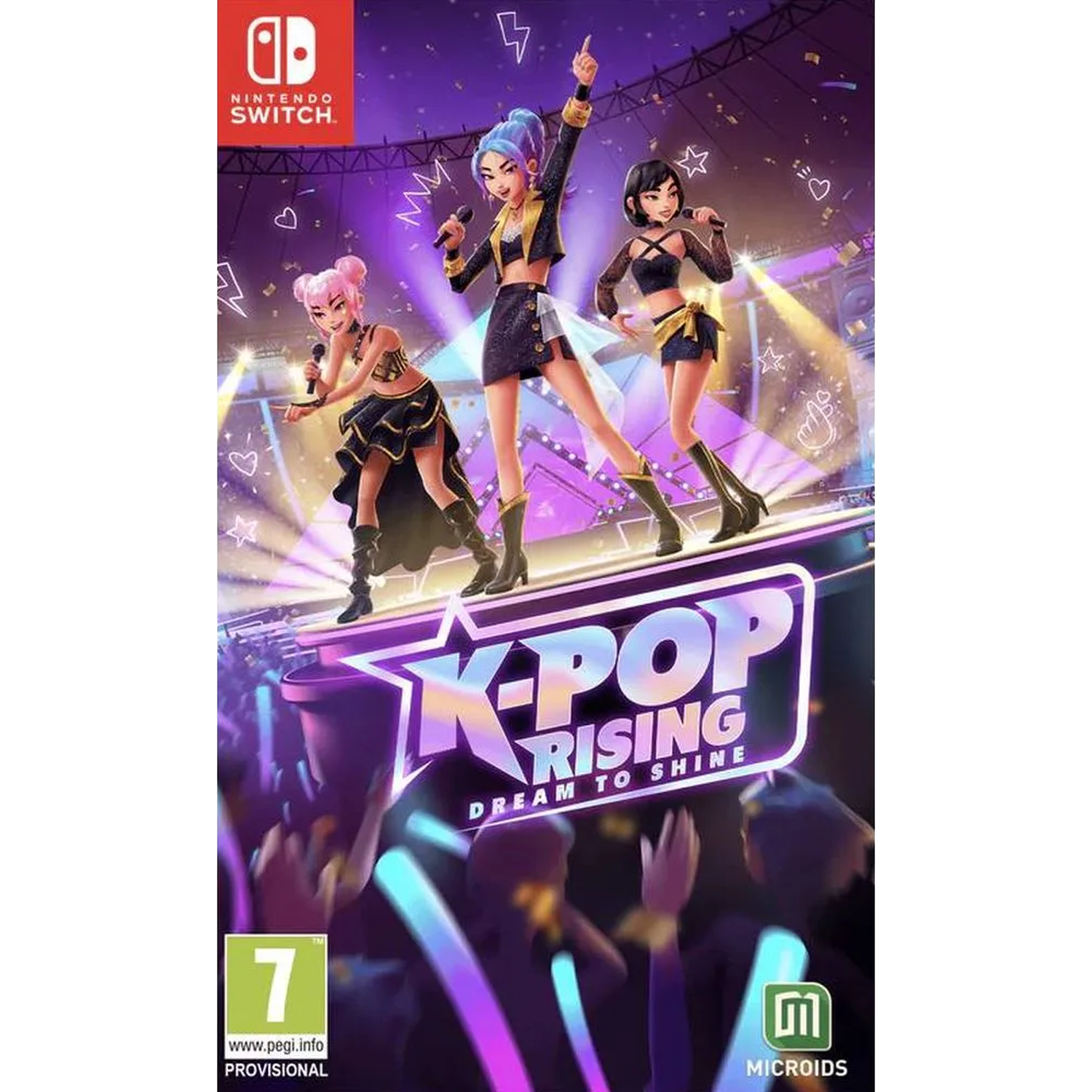 Drie K-pop zangeressen op een podium, Nintendo Switch logo, K-Pop Rising titel.
