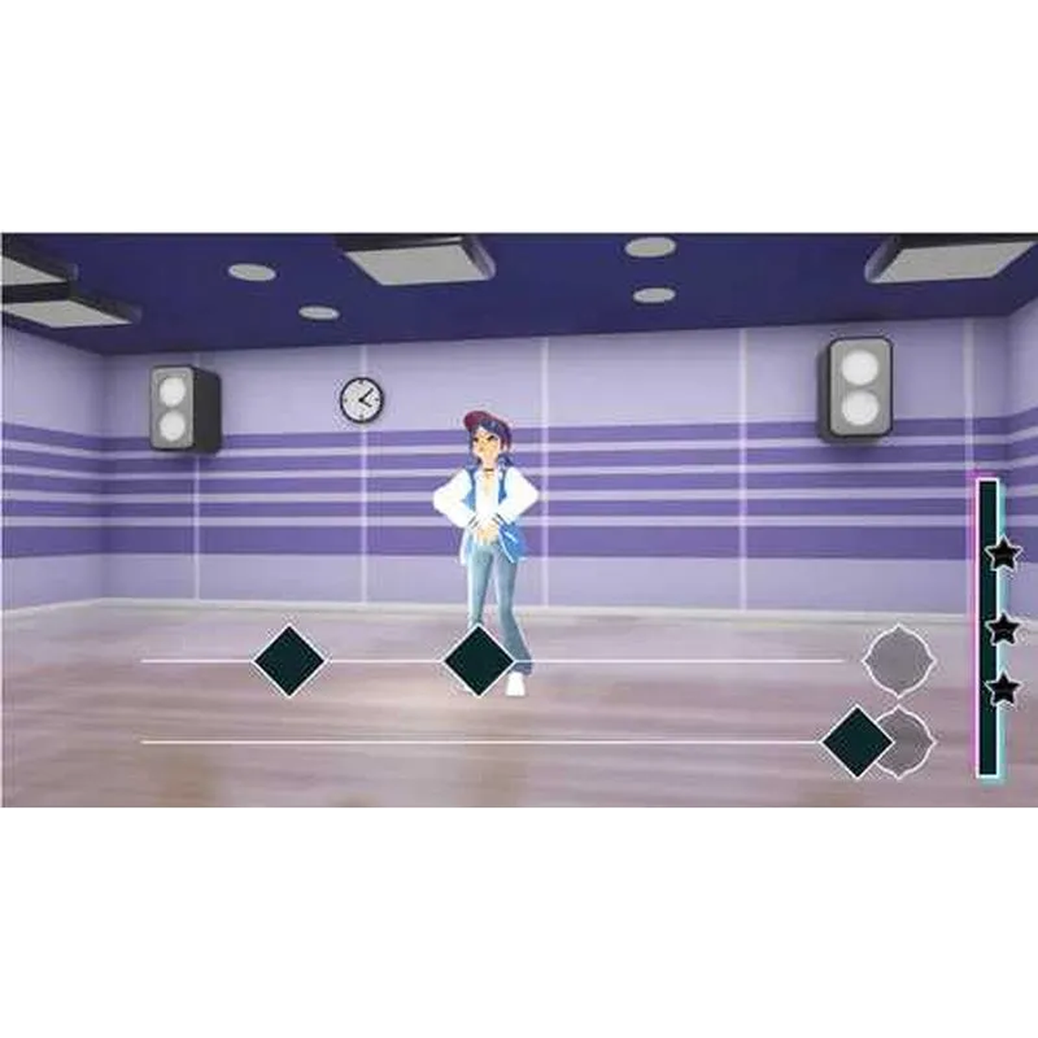 Een personage in een dansstudio met lampen, luidsprekers en een ritmetracker.