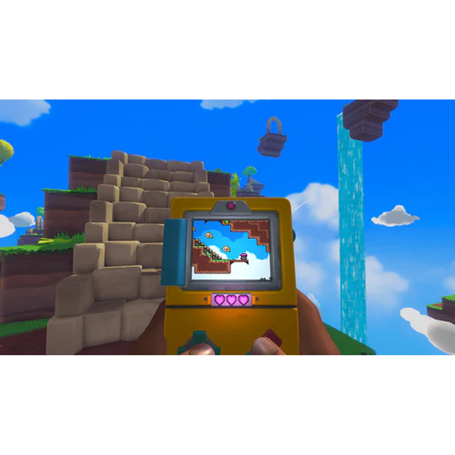 Een gele handheldconsole met een pixelspel op het scherm, tegen een hemels landschap.