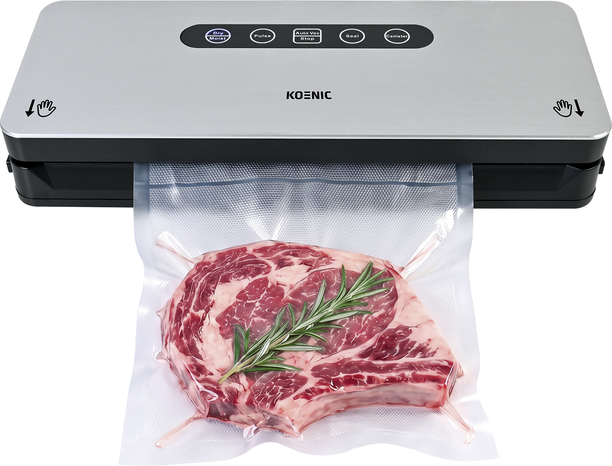 Una bistecca cruda con rosmarino viene sigillata sottovuoto in una macchina.