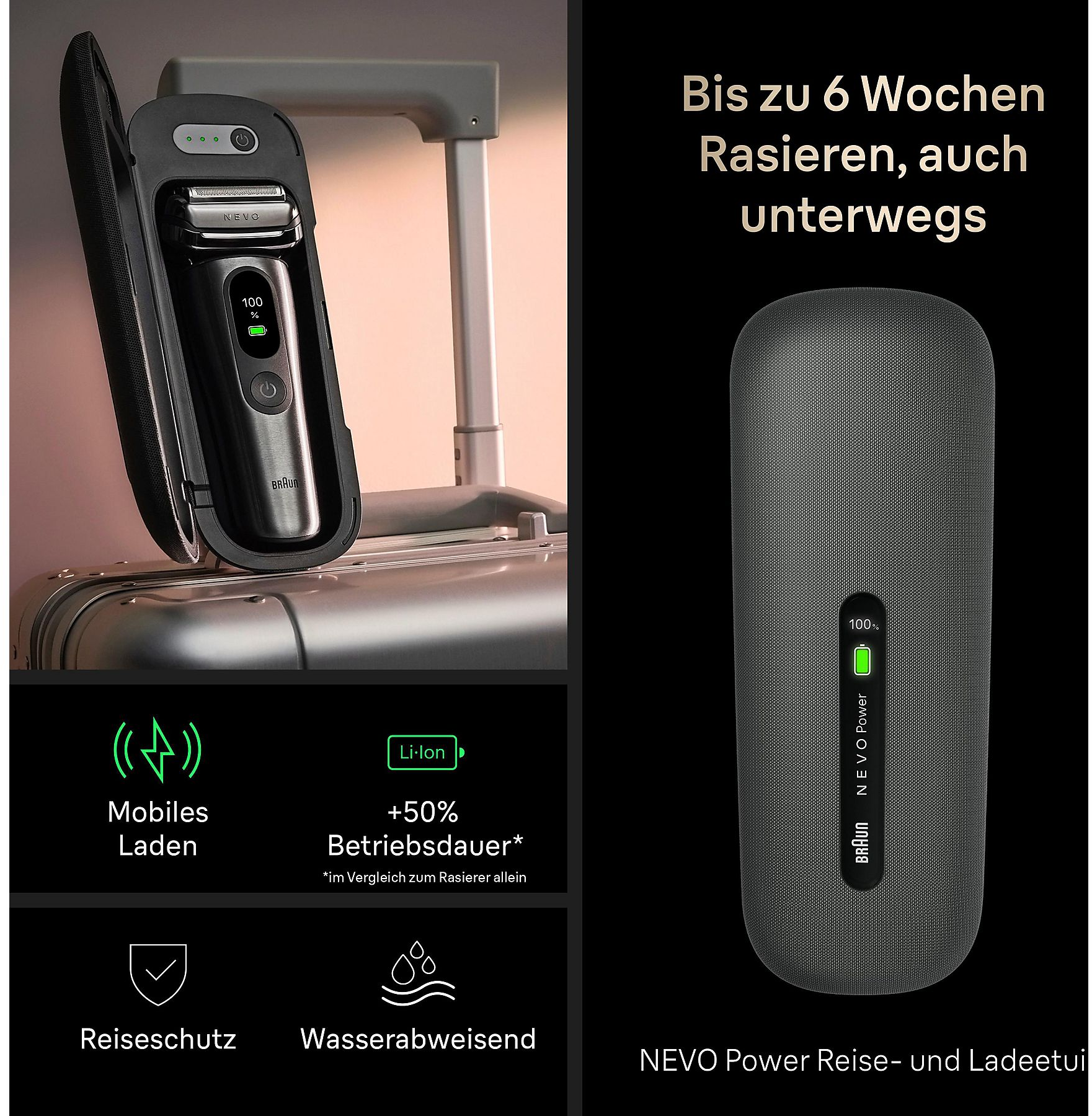 Chargeur et étui de voyage Braun Series XT5 avec indicateur de charge et icônes de charge mobile.