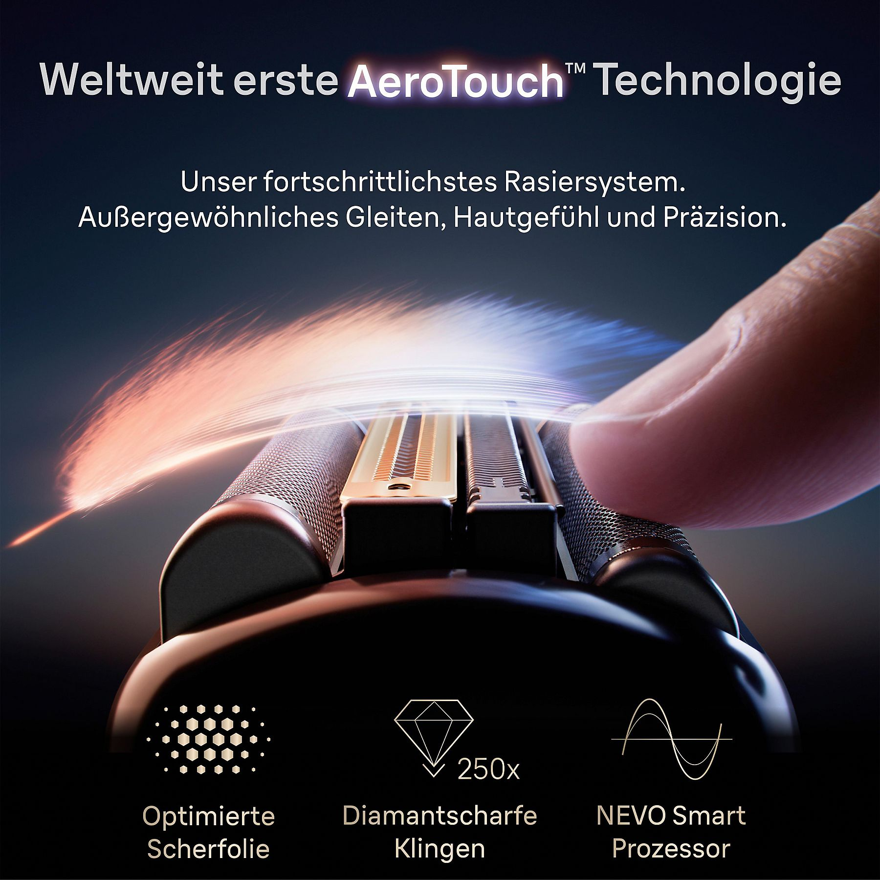 Gros plan d'un rasoir doté de la technologie AeroTouch, actionné par un doigt.