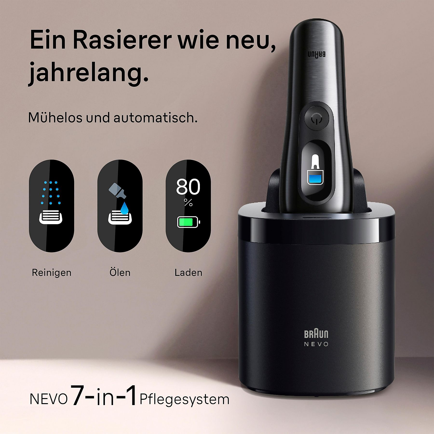Un rasoir Braun noir est dans une station de charge. À côté, des icônes de nettoyage, d'huilage et de charge.