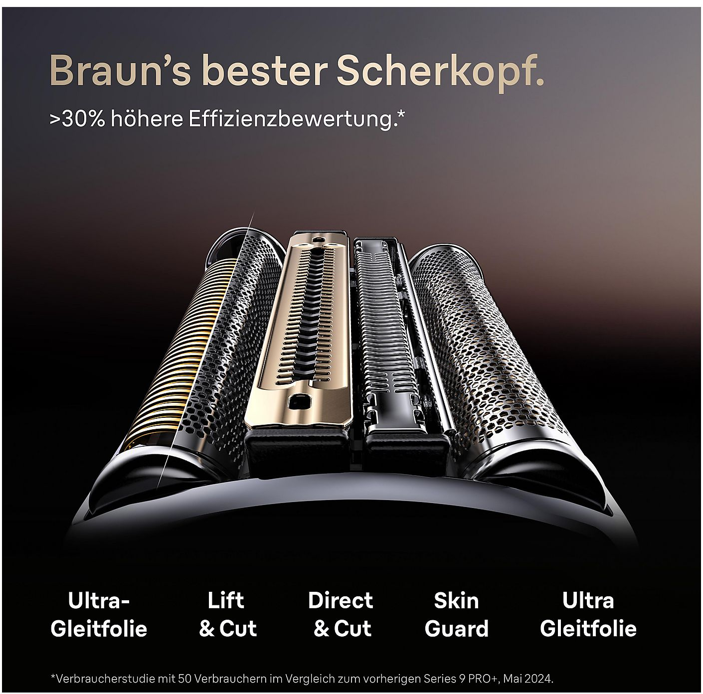 Gros plan de quatre têtes de rasoir Braun avec du texte.