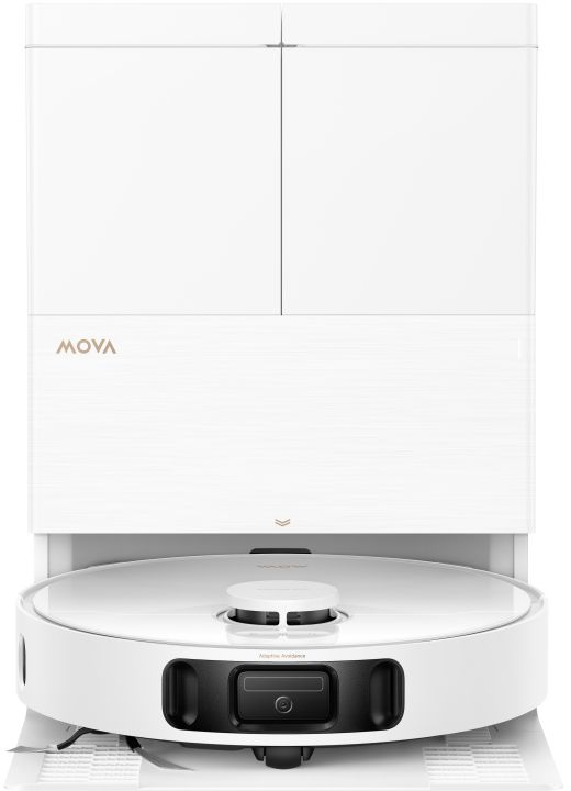 Un aspirateur robot blanc avec sa station de charge et logo MOVA.