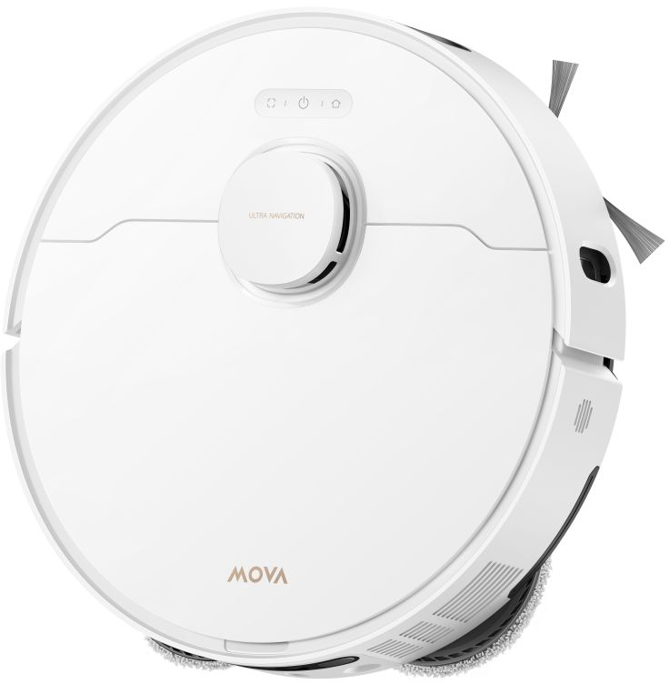 Aspirateur robot Mova blanc avec "ULTRANAVIGATION" sur le dessus, sur fond blanc.