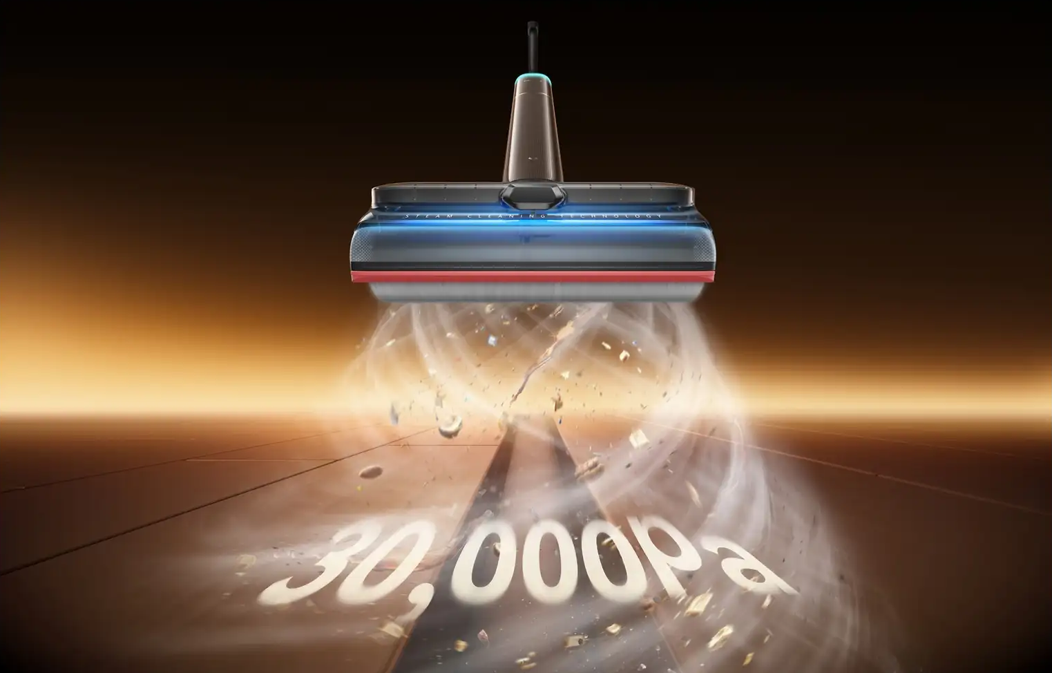 Testina aspirapolvere aspira detriti, mostra 30.000 Pa. Sfondo scuro.