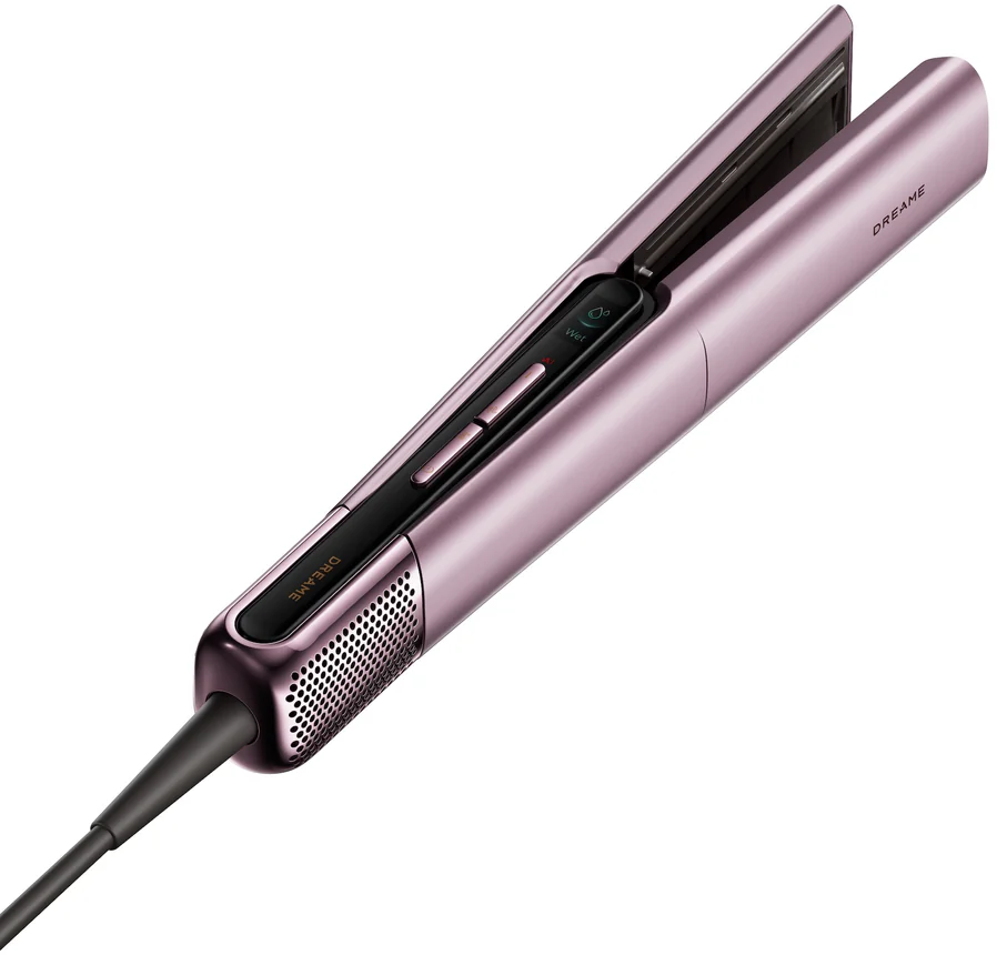 Ein rosafarbener Haarglätter mit schwarzem Display und Kabel.